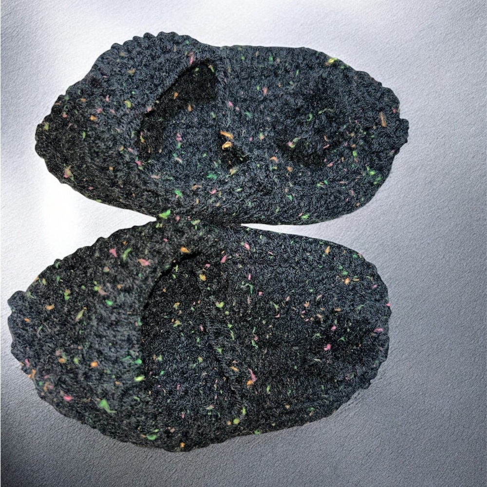 Cozy Black handmade crocheted black Slippers. Size about women’s 5 or 6.